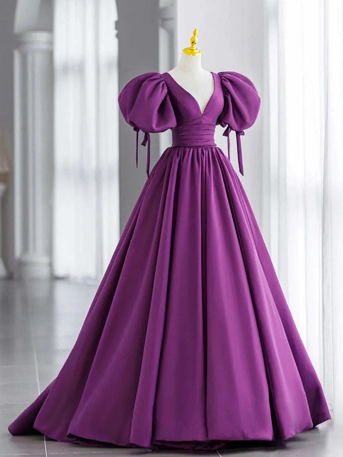Purple V Neck Satin Long Prom Dresses