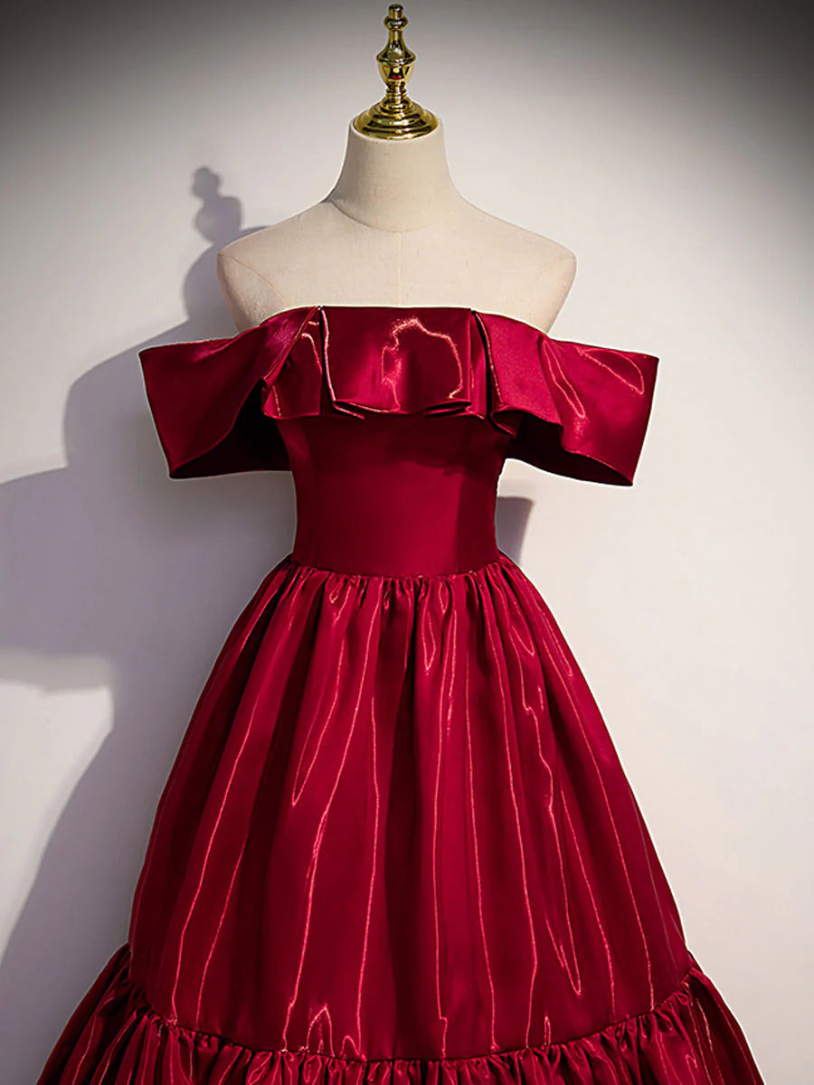 Simple burgundy off shoulder satin long prom dress burgundy evening dress