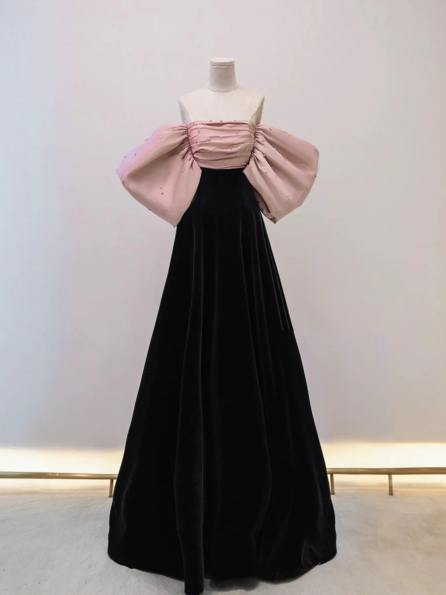 Black/pink velvet long prom dressblack long formal dress