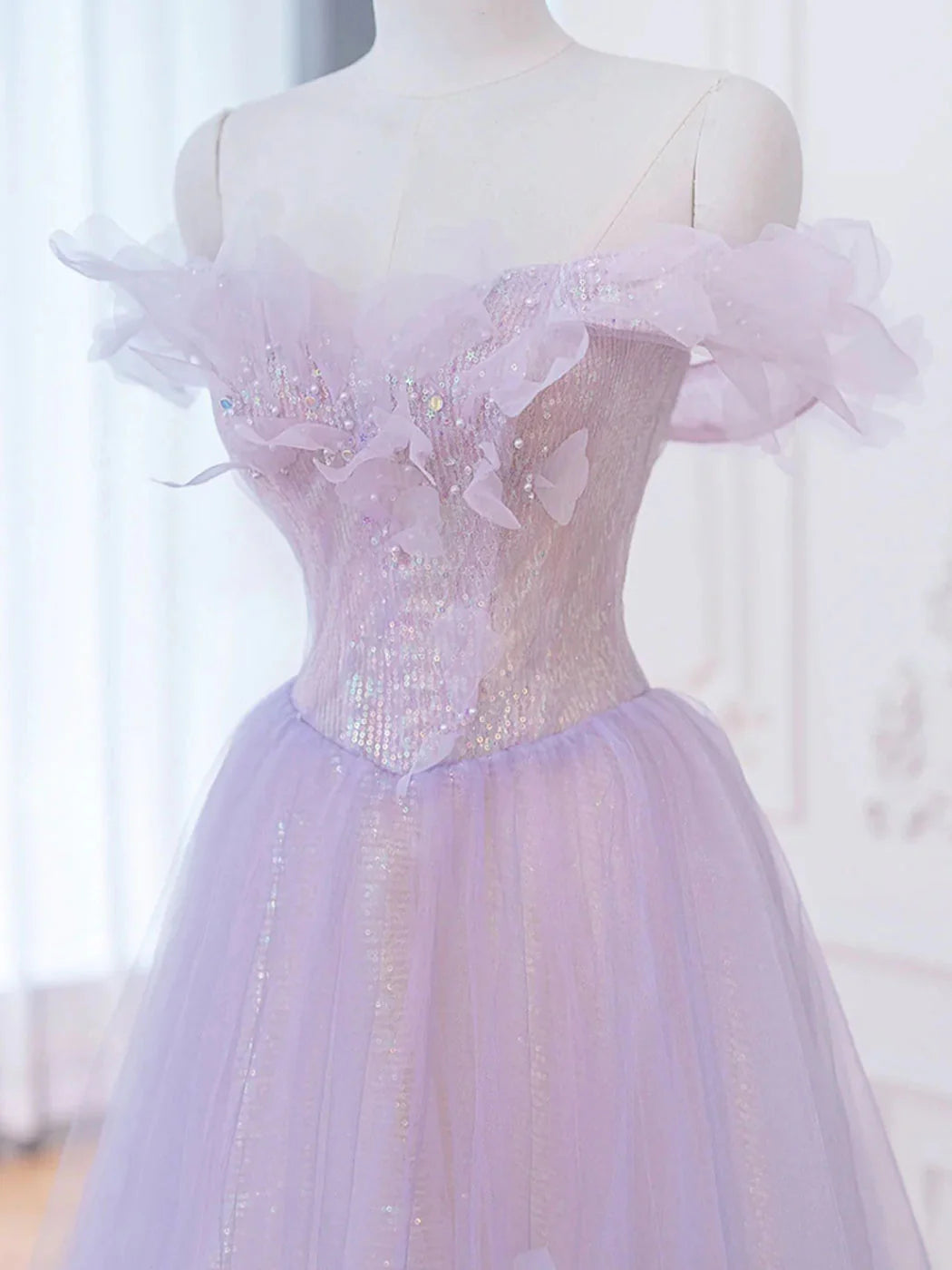 A-Line Purple Off Shoulder Long Prom Dress