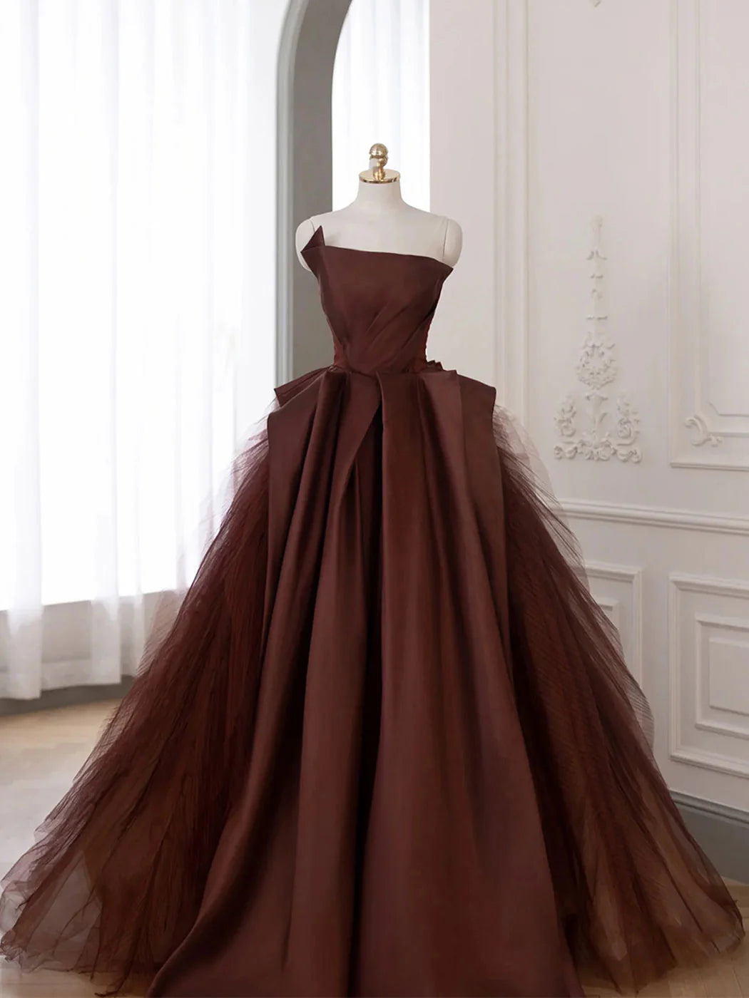 Brown Satin Tulle Long Prom Gown