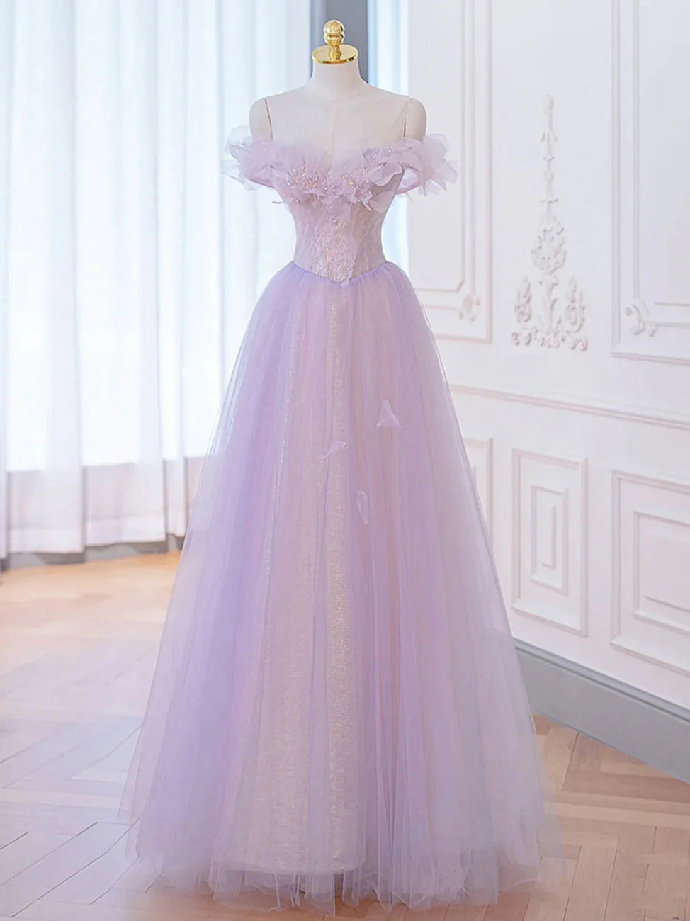 A-Line Purple Off Shoulder Long Prom Dress