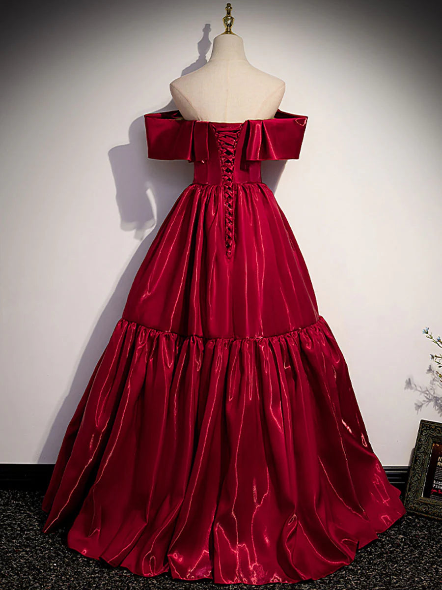 Simple burgundy off shoulder satin long prom dress burgundy evening dress