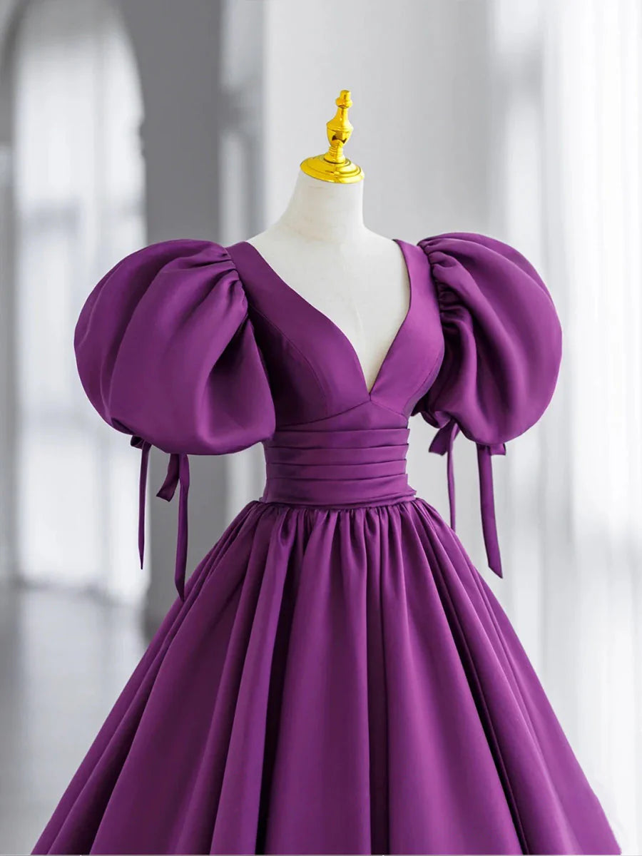 Purple V Neck Satin Long Prom Dresses