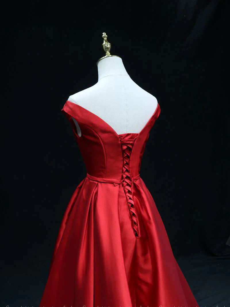 Simple A line satin red ling prom dressred bridesmaid dress