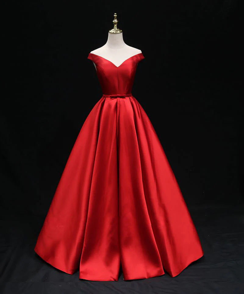 Simple A line satin red ling prom dressred bridesmaid dress