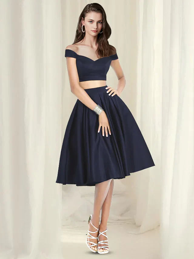 DingjiTwo Piece A-Line Reformation Amante Minimalist Party Wear Cocktail Party Dress V Neck Sleeveless Knee Length Satin with Sleek