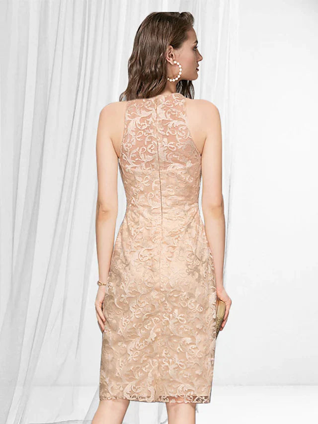 DingjiElegant bodycon Homecoming Party Wear Dress Jewel Neck Sleeveless Knee Length Lace with Lace Insert Appliques