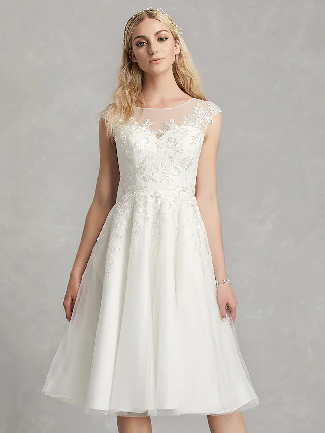 DingjiA-Line Wedding Dresses Jewel Neck Tea Length Lace Tulle Cap Sleeve Beautiful Back with Appliques