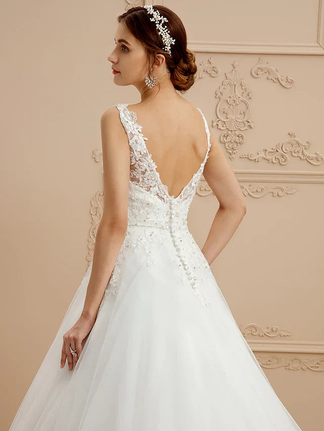 DingjiBall Gown Wedding Dresses V Neck Court Train Tulle Beaded Lace Lace Over Tulle Spaghetti Strap Glamorous Illusion Detail Backless with Beading Appliques