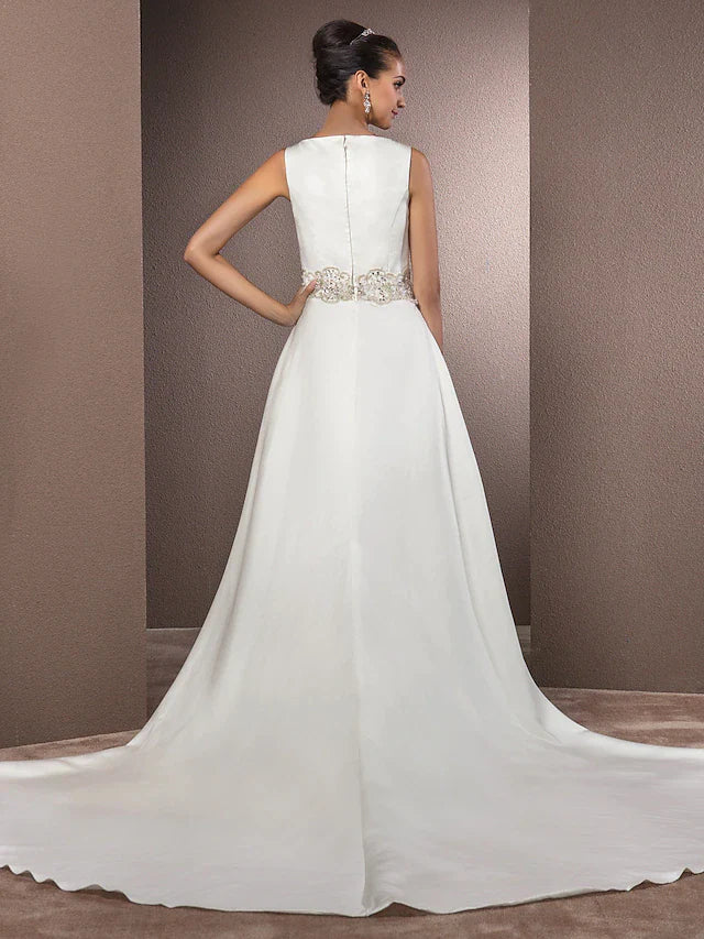 Dingji Wedding Dresses Bateau Neck Cathedral Train Satin Regular Straps Vintage Inspired with Beading