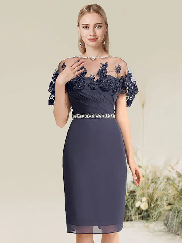DingjiConvertible Elegant Wedding Guest Cocktail Party Dress Strapless Short Sleeve Knee Length Lace with Lace Insert Appliques