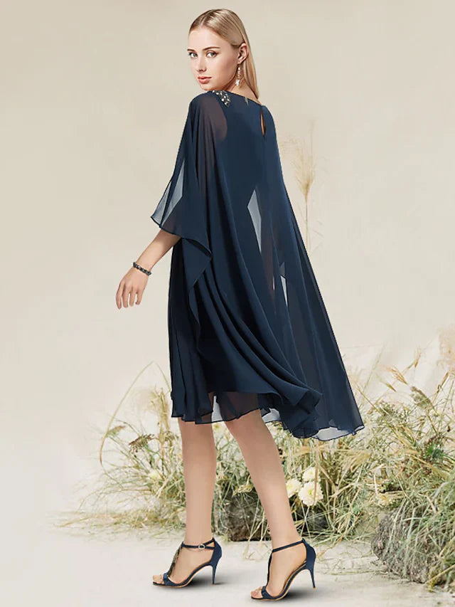 DingjiA-Line Minimalist Elegant Wedding Guest Cocktail Party Dress V Neck Short Sleeve Knee Length Chiffon Lace with Beading