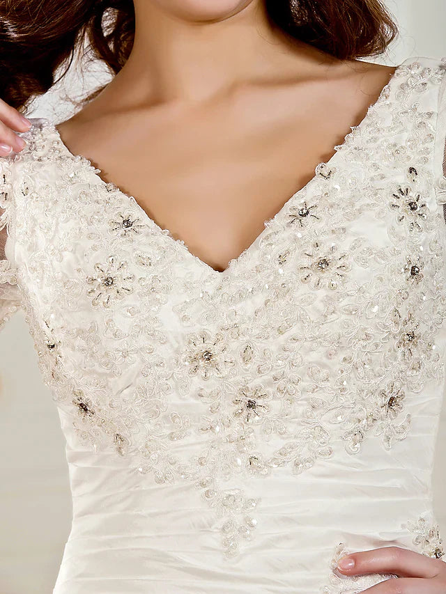 Ball Gown Wedding Dresses V Neck Chapel Train Taffeta Half Sleeve See-Through with Ruched Beading Appliques