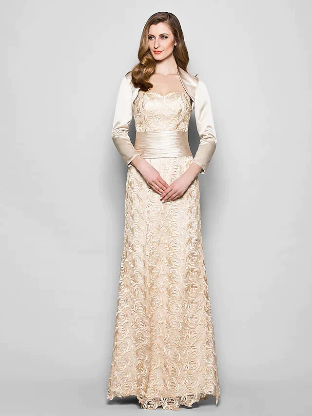 Mother of the Bride Dress Wrap Included Sweetheart Neckline Floor Length Lace Satin 3/4 Length Sleeve with Sash Ribbon Ruched