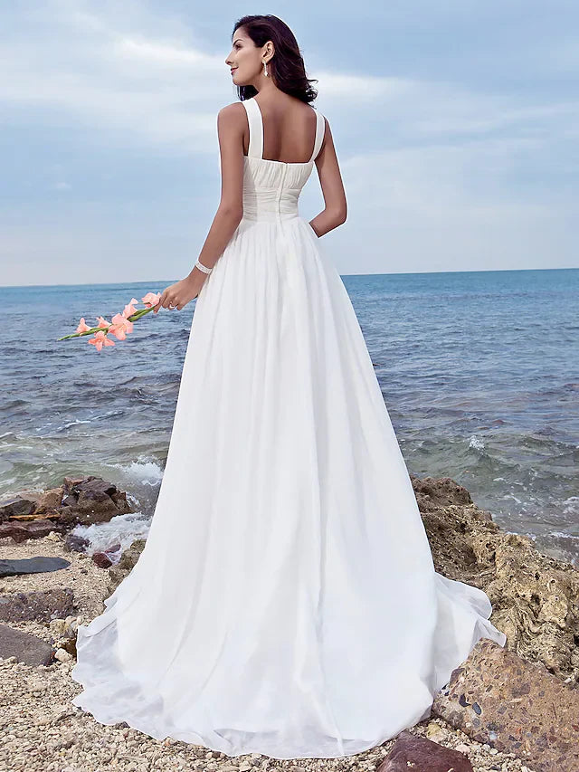 DingjiA-Line Wedding Dresses Jewel Neck Chiffon Regular Straps Formal Beach Plus Size with Ruched Draping