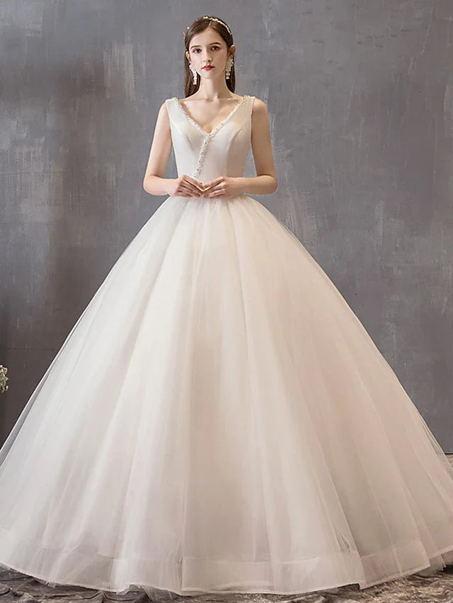 Dingji Princess Ball Gown Wedding Dresses V Neck Floor Length Satin Tulle Sleeveless Formal Luxurious with Bow(s) Beading