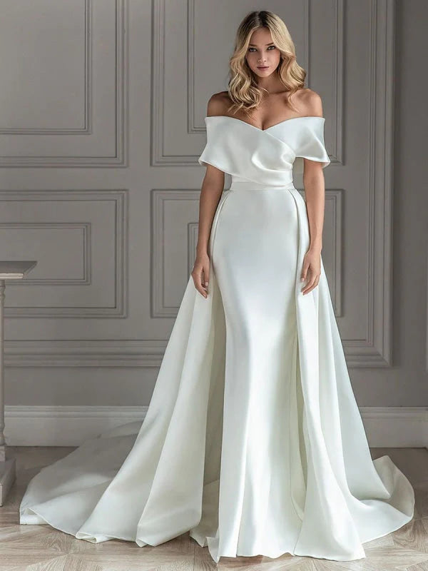 Mermaid Off Shoulder Satin Wedding Dresses With Detachable Train