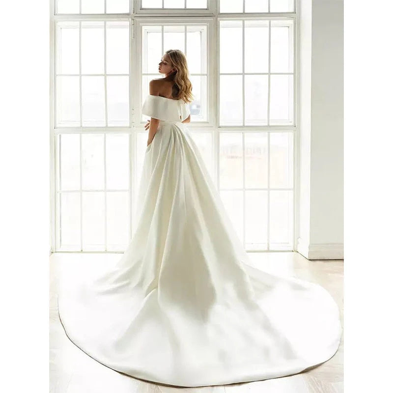 Mermaid Off Shoulder Satin Wedding Dresses With Detachable Train