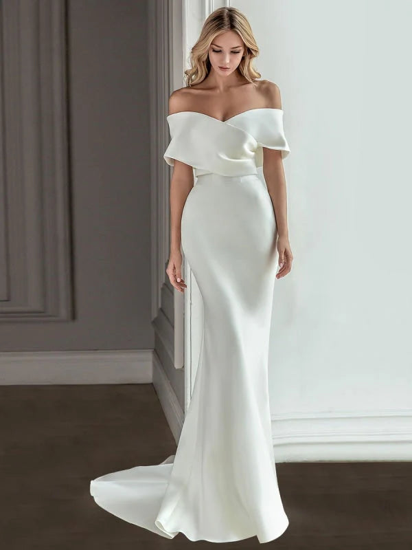 Mermaid Off Shoulder Satin Wedding Dresses With Detachable Train