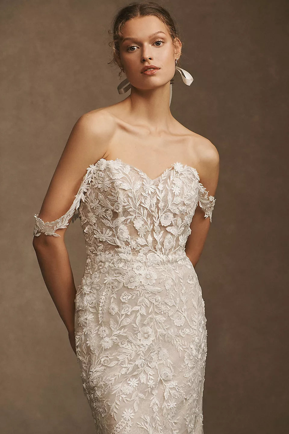 Off-Shoulder Floral Lace Mermaid Wedding Dresses (Ivory)