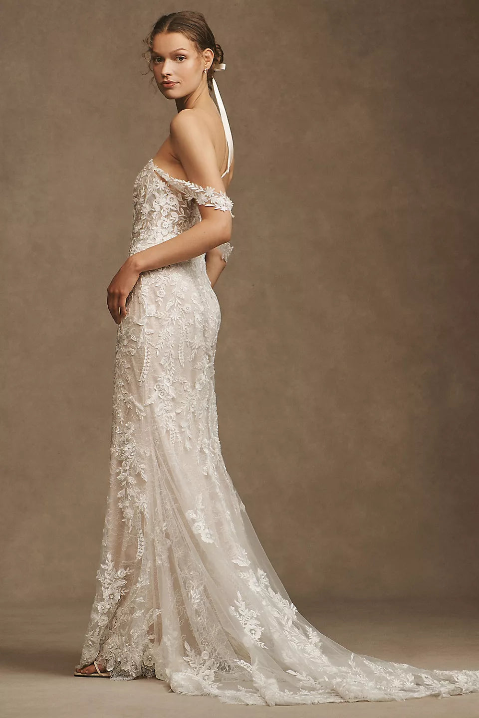 Off-Shoulder Floral Lace Mermaid Wedding Dresses (Ivory)