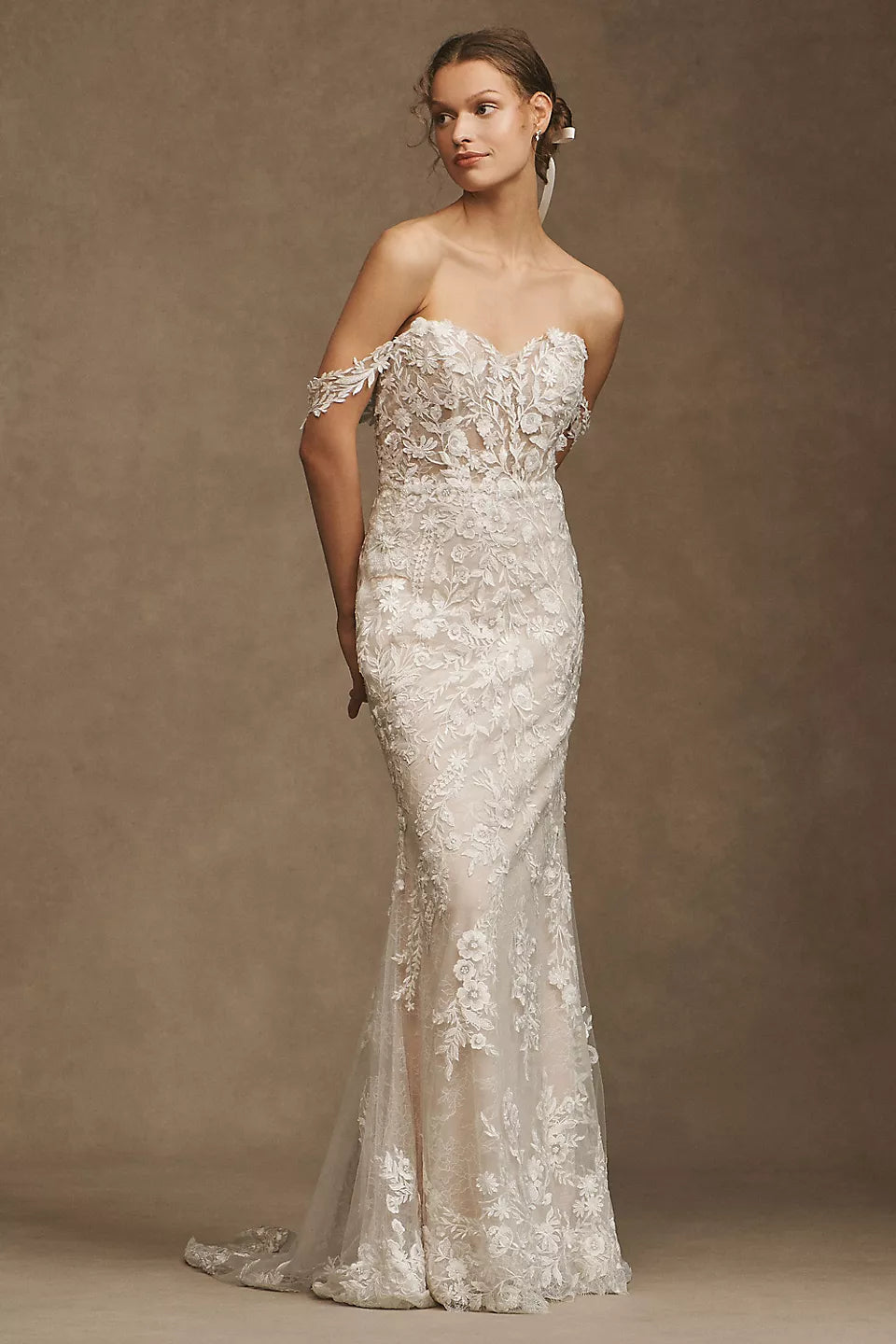 Off-Shoulder Floral Lace Mermaid Wedding Dresses (Ivory)