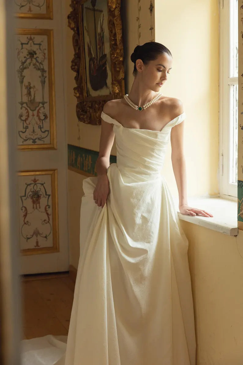 Off-Shoulder Satin Ball Gown Wedding Dresses (Ivory)