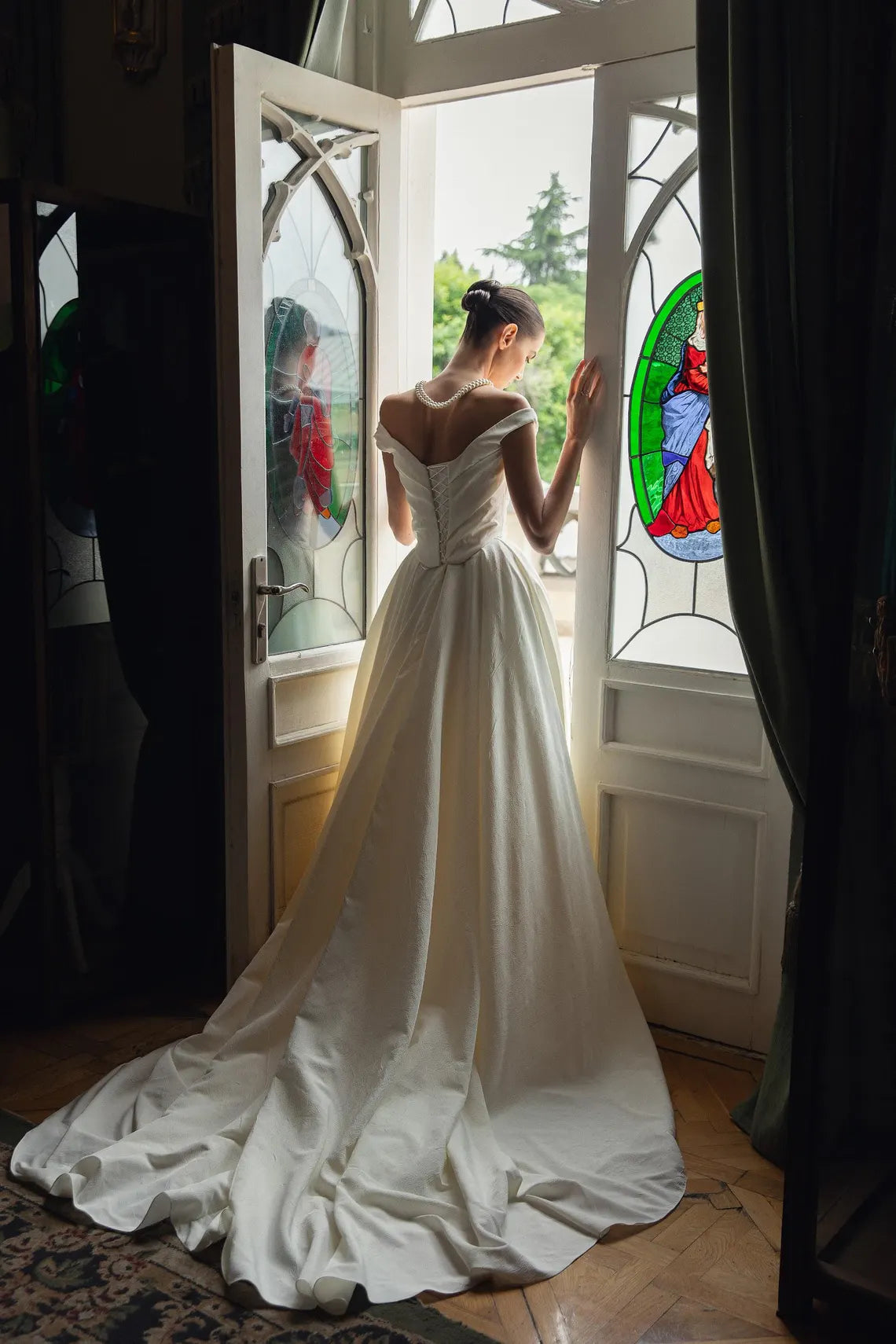 Off-Shoulder Satin Ball Gown Wedding Dresses (Ivory)