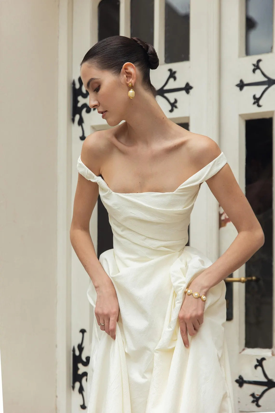 Off-Shoulder Satin Ball Gown Wedding Dresses (Ivory)