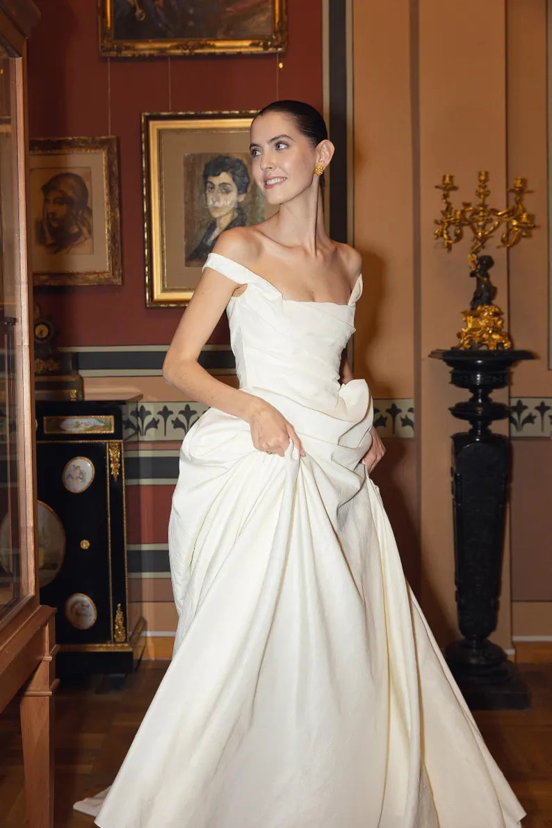 Off-Shoulder Satin Ball Gown Wedding Dresses (Ivory)