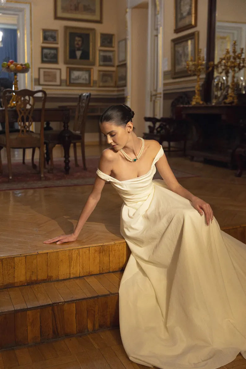 Off-Shoulder Satin Ball Gown Wedding Dresses (Ivory)