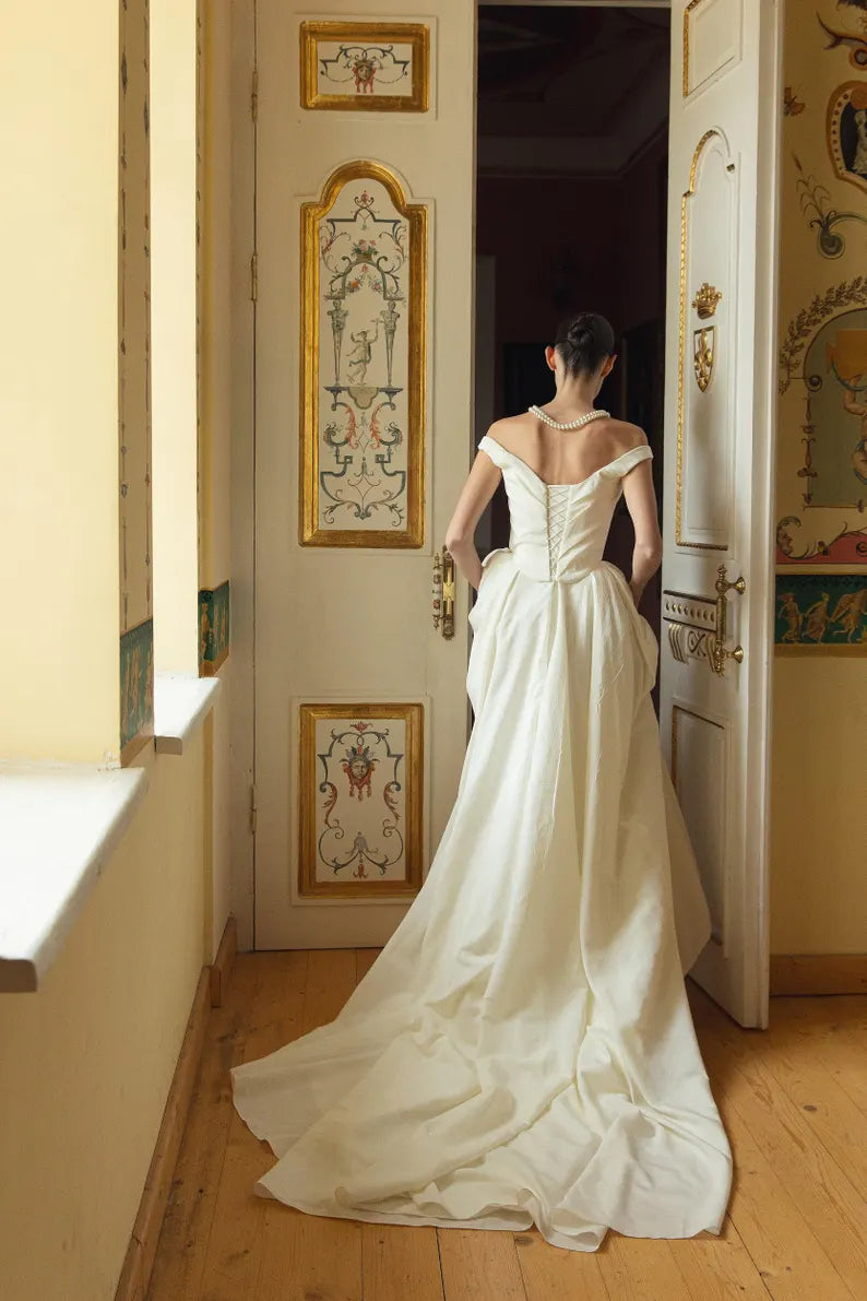 Off-Shoulder Satin Ball Gown Wedding Dresses (Ivory)