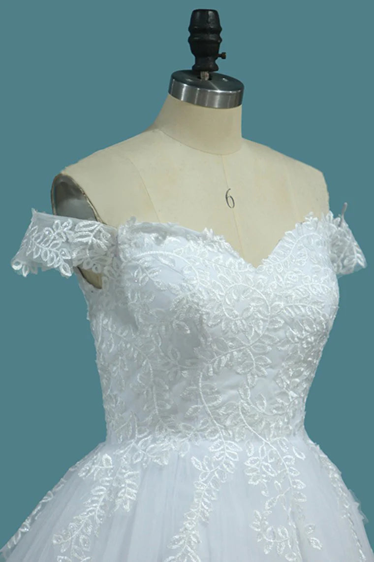 Off The Shoulder A Line Tulle Sweep Train Wedding Dresses With Lace Applique