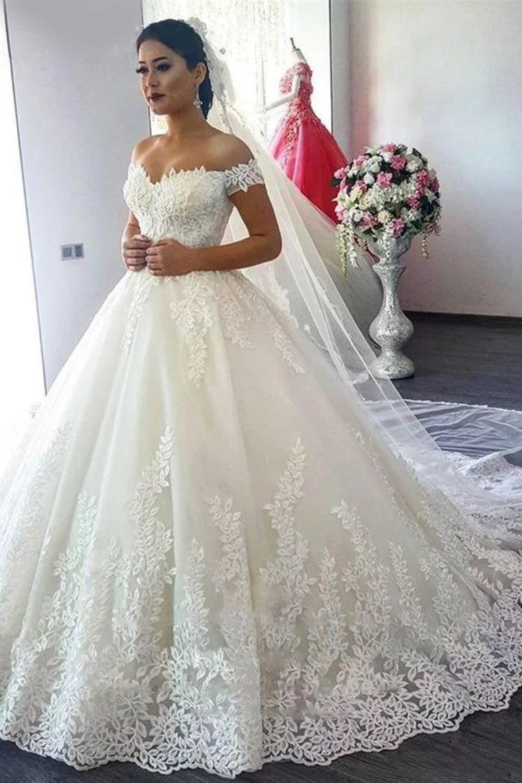 Off The Shoulder A Line Tulle Sweep Train Wedding Dresses With Lace Applique