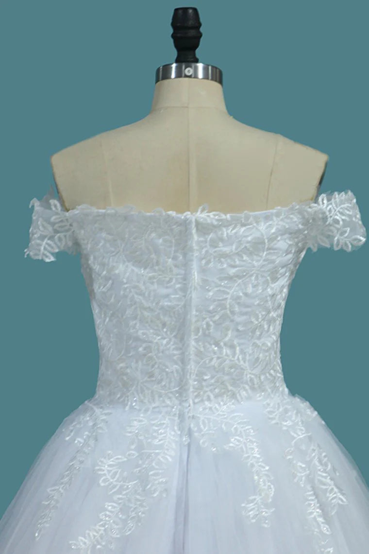 Off The Shoulder A Line Tulle Sweep Train Wedding Dresses With Lace Applique