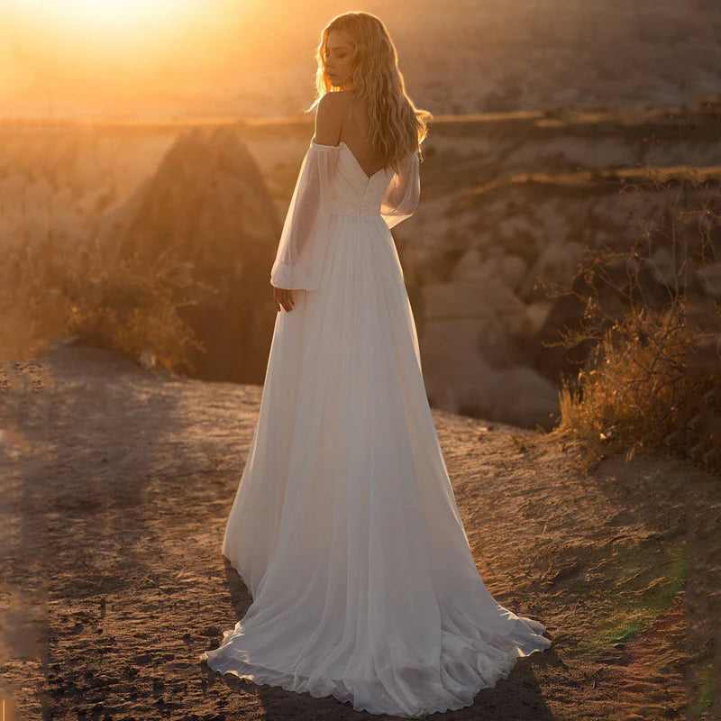 Off The Shoulder Long Puff Sleeves Chiffon Backless Beach Wedding Dresses