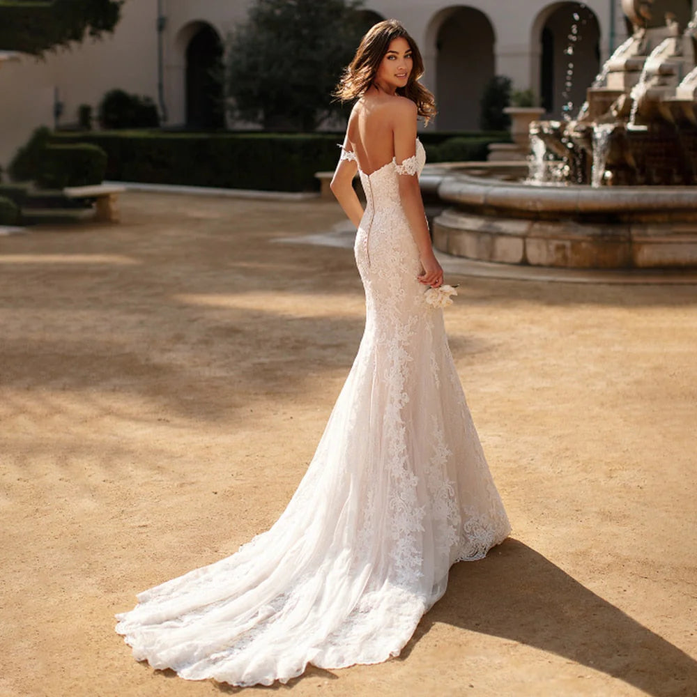 Off the Shoulder Lace Mermaid Sweetheart Wedding Dresses with Train Wedding Gowns