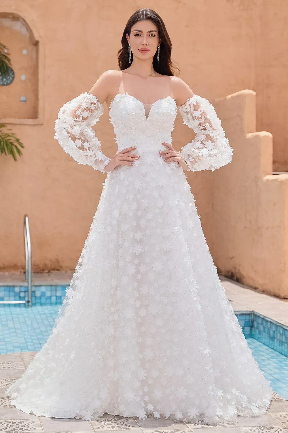 Off-the-Shoulder 3D Floral Lace A-Line Wedding Dress with Detachable Puff Sleeves