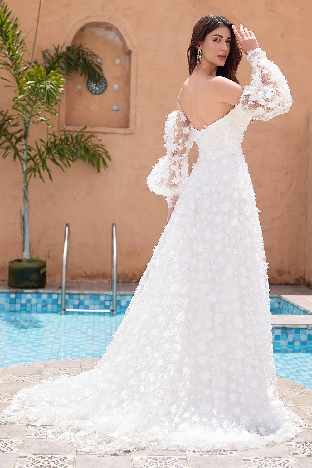 Off-the-Shoulder 3D Floral Lace A-Line Wedding Dress with Detachable Puff Sleeves