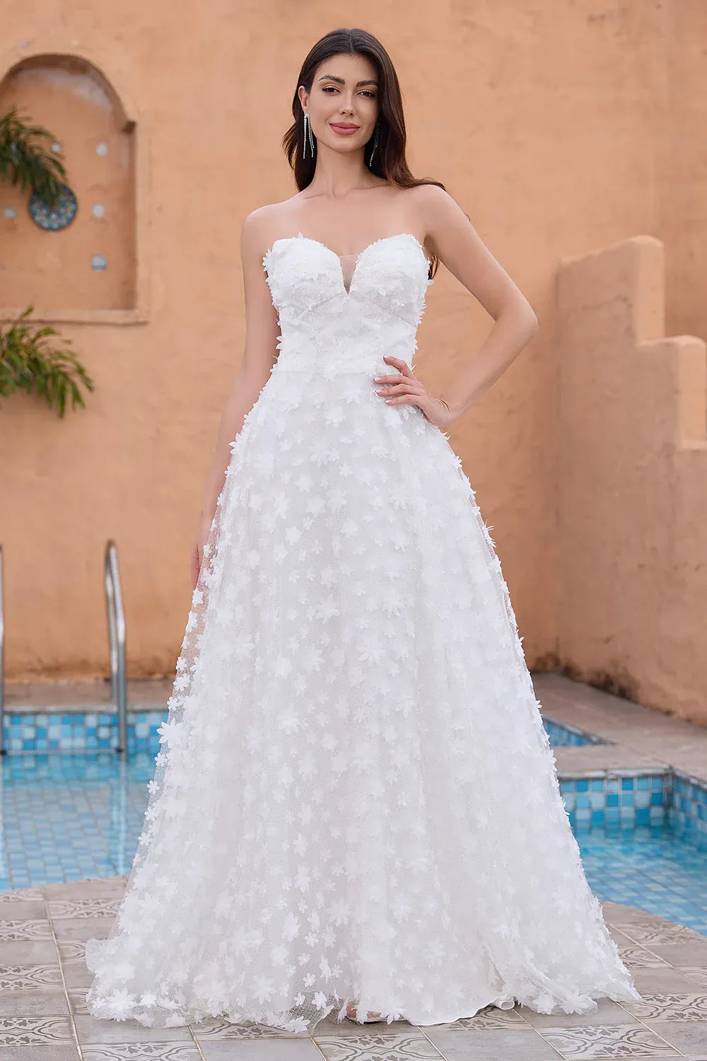 Off-the-Shoulder 3D Floral Lace A-Line Wedding Dress with Detachable Puff Sleeves