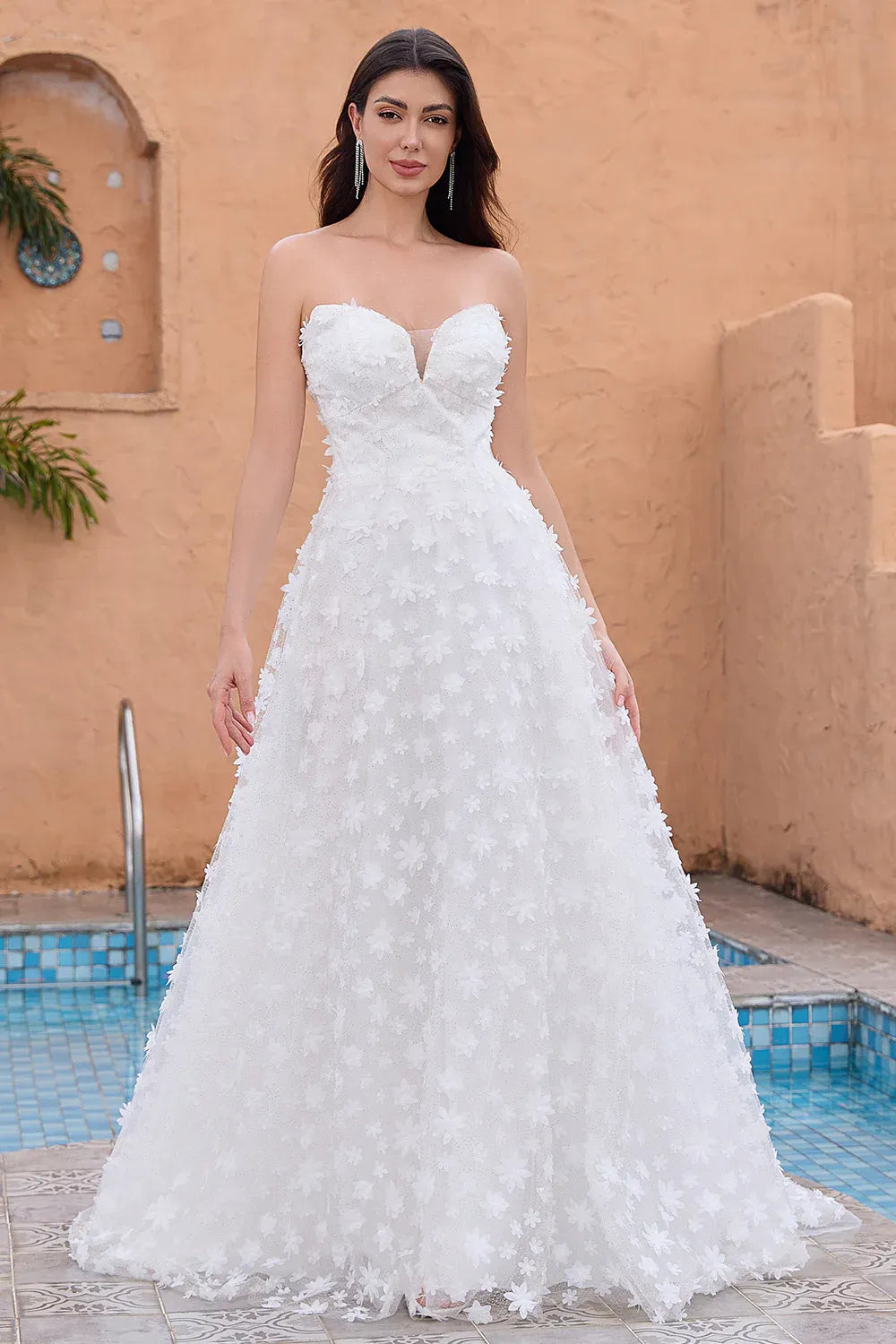 Off-the-Shoulder 3D Floral Lace A-Line Wedding Dress with Detachable Puff Sleeves