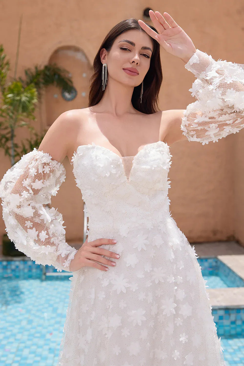 Off-the-Shoulder 3D Floral Lace A-Line Wedding Dress with Detachable Puff Sleeves