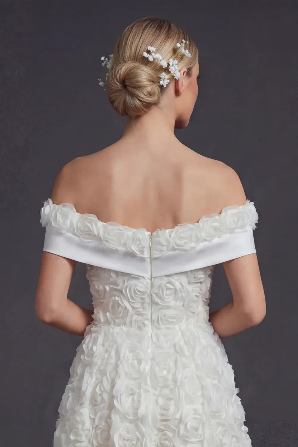Vintage Off-the-Shoulder 3D Rose Midi Ball Gown Wedding Dress