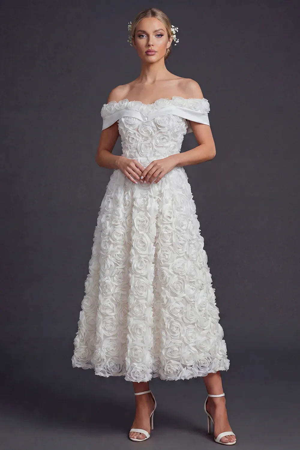 Off-the-Shoulder 3D Rose Midi Wedding Dress