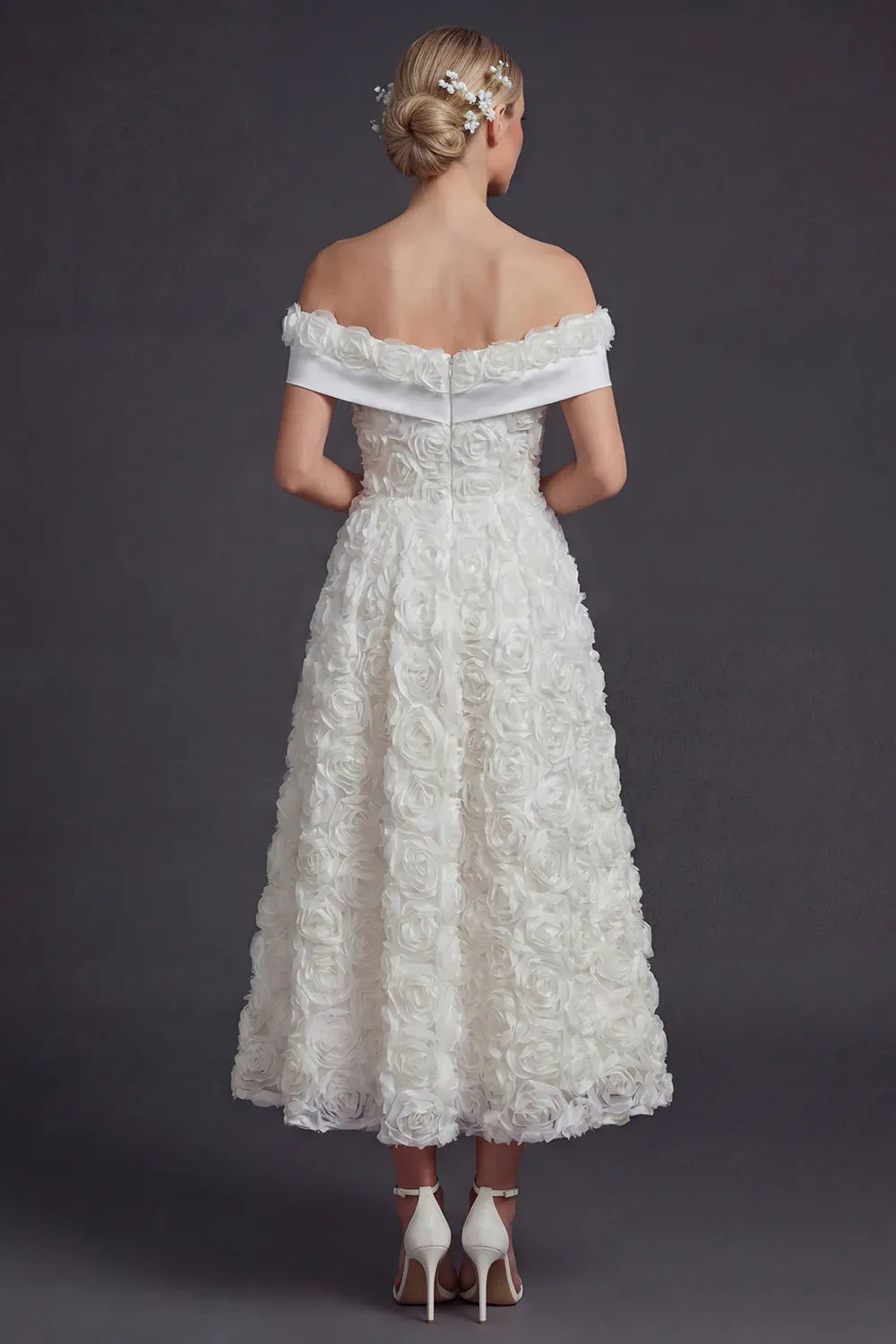 Off-the-Shoulder 3D Rose Midi Wedding Dress