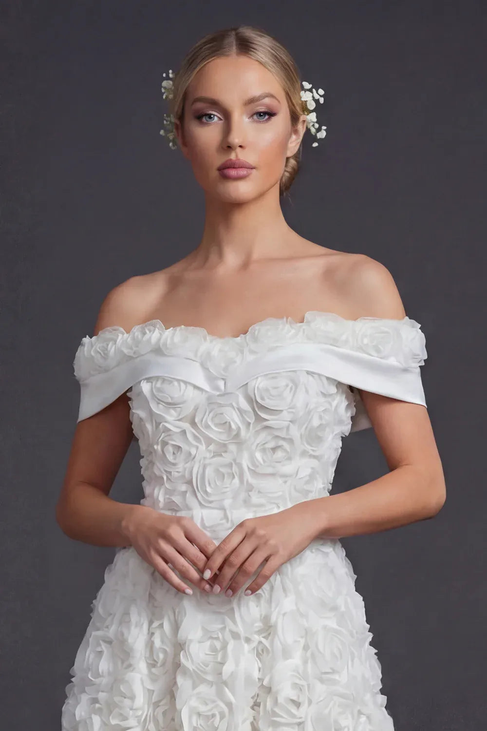 Vintage Off-the-Shoulder 3D Rose Midi Ball Gown Wedding Dress