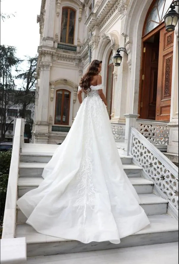 Off-the-Shoulder Ball Gown Wedding Dress with Lace Bodice & Slit