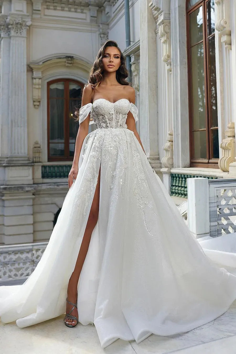 Off-the-Shoulder Ball Gown Wedding Dress with Lace Bodice & Slit