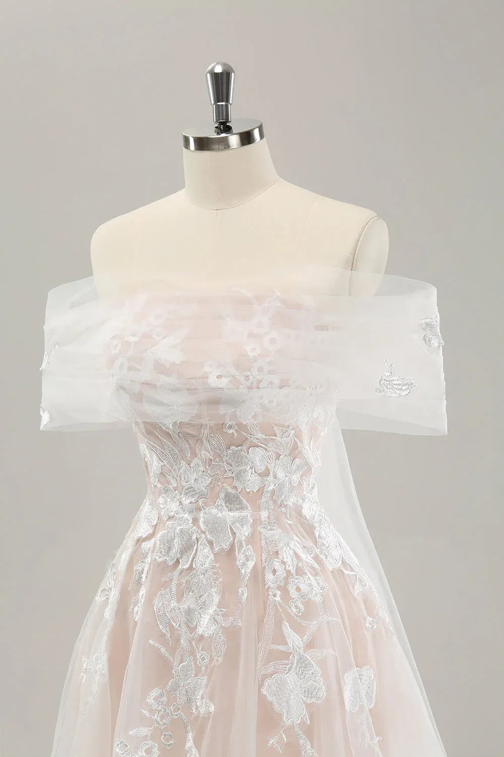 Off-the-Shoulder Blush Tulle A-Line Wedding Dress with Floral Lace Appliques